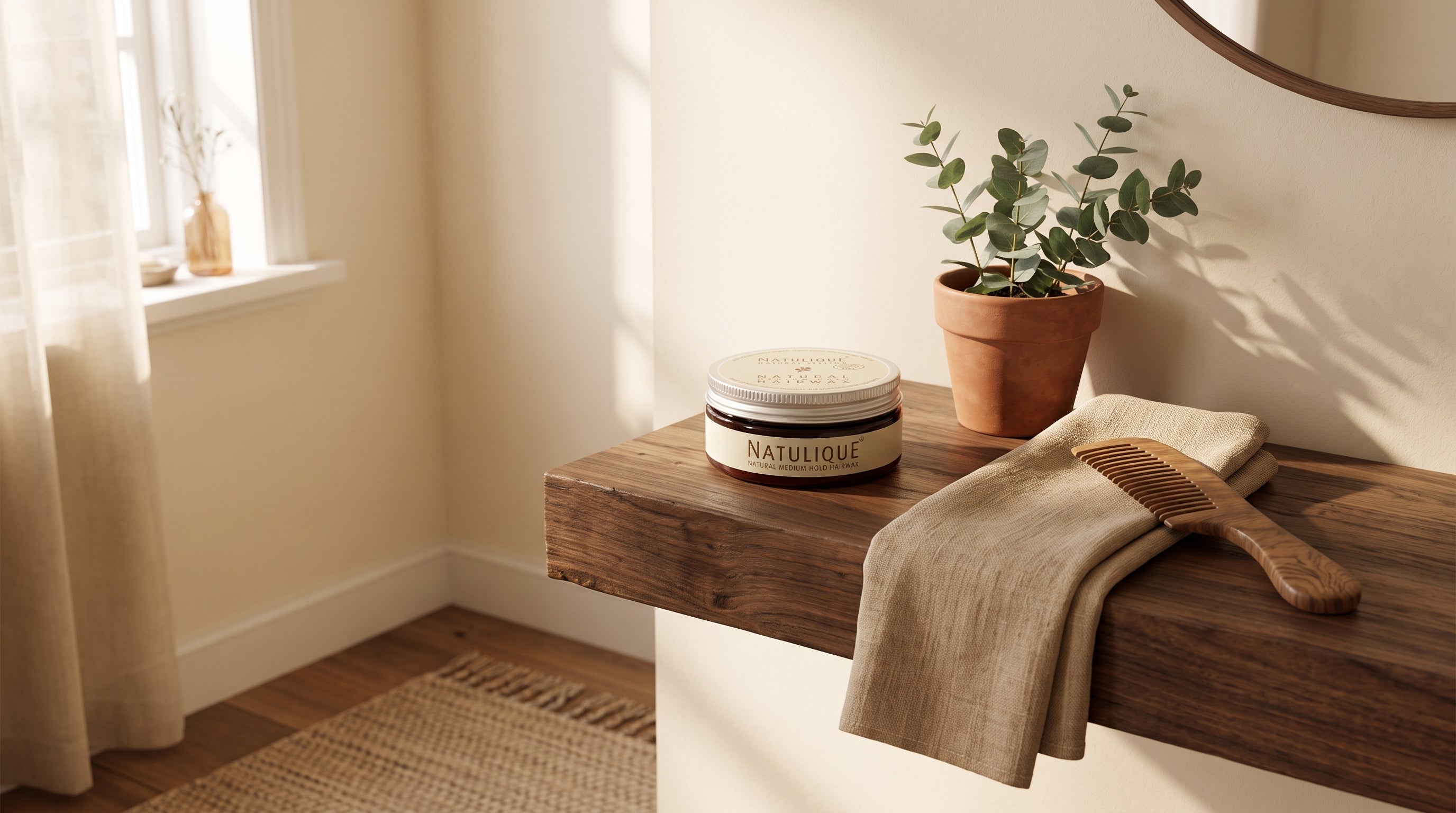 Natulique Medium Hold Hairwax in een warme hygge badkamersfeer