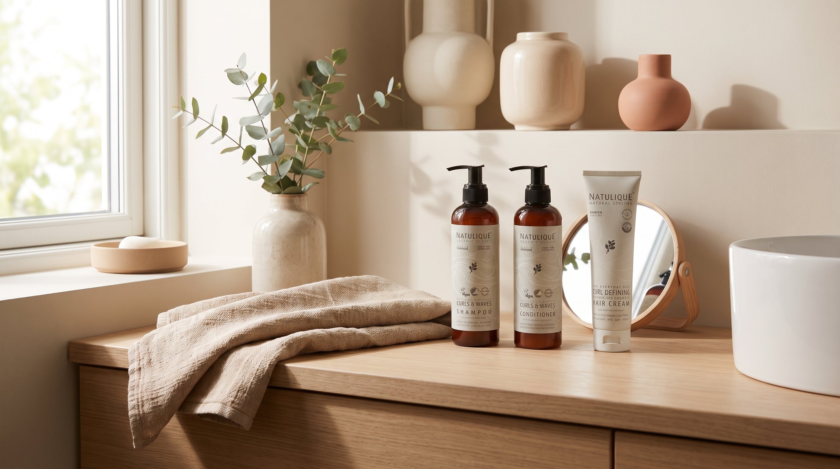 Natulique Curls & Waves bundel in een warme hygge badkamersfeer