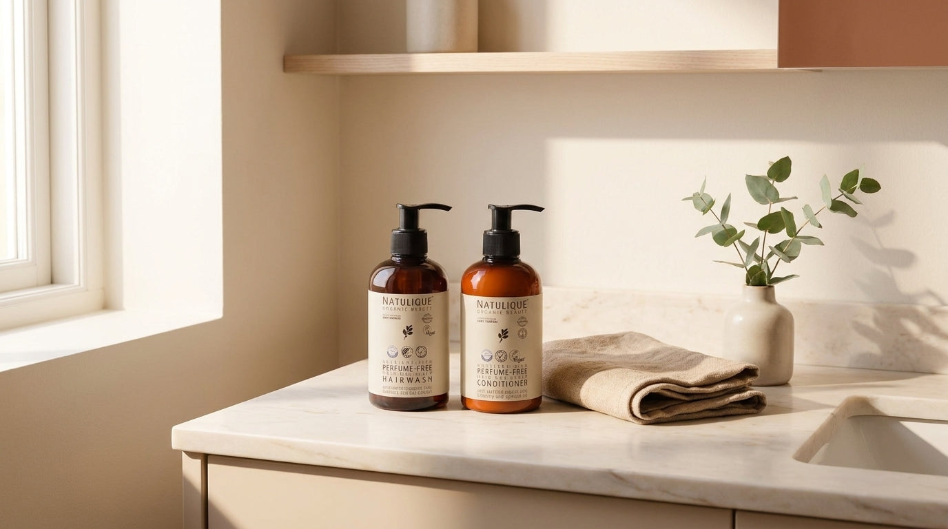 Natulique Perfume-free bundel in een warme hygge badkamersfeer