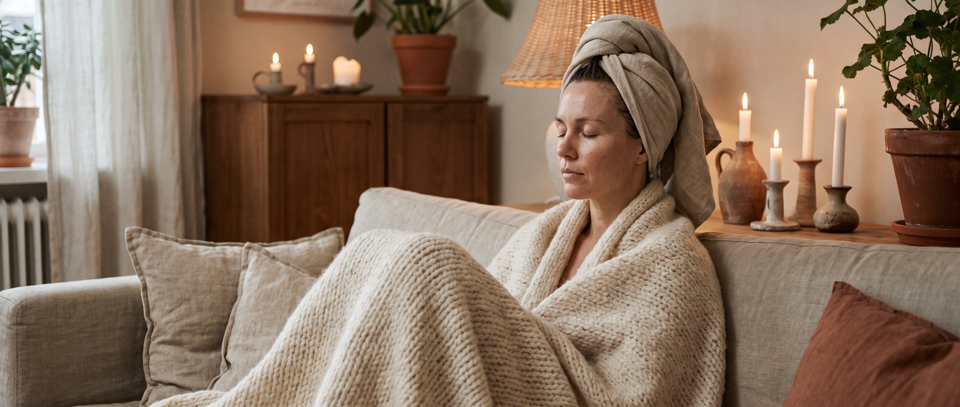Vrouw ontspant met haar in een handdoek gewikkeld, sfeervol interieur