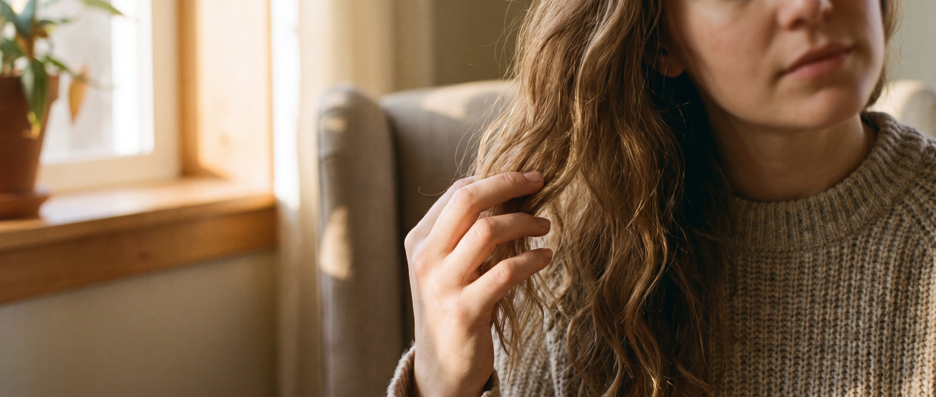 Vrouw die zelfverzekerd door haar haar strijkt