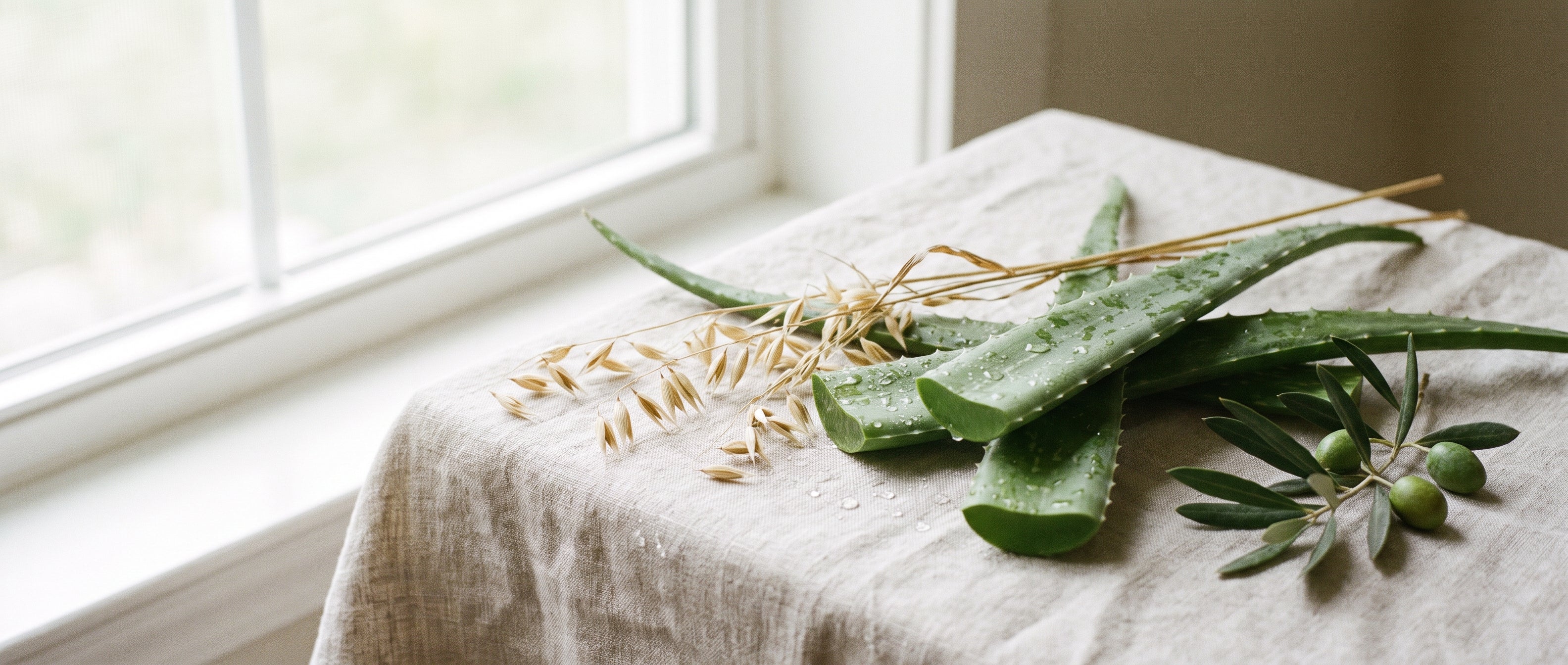 Botanisch stilleven met aloë vera, haver en olijftak