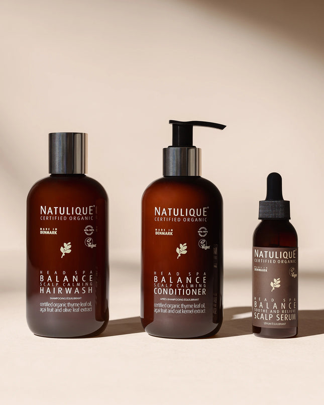 Natulique Balance Conditioner 250 ml - in donkere setting, productlijn samen